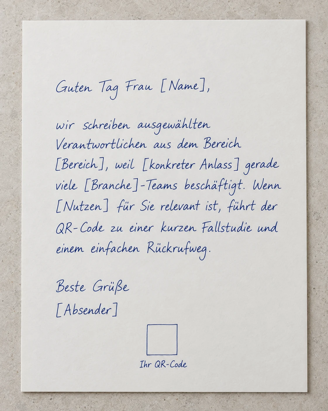 Beispielkampagnen für handgeschriebene Briefe: handgeschriebener Musterbrief mit den Platzhaltern der Vorlage.
