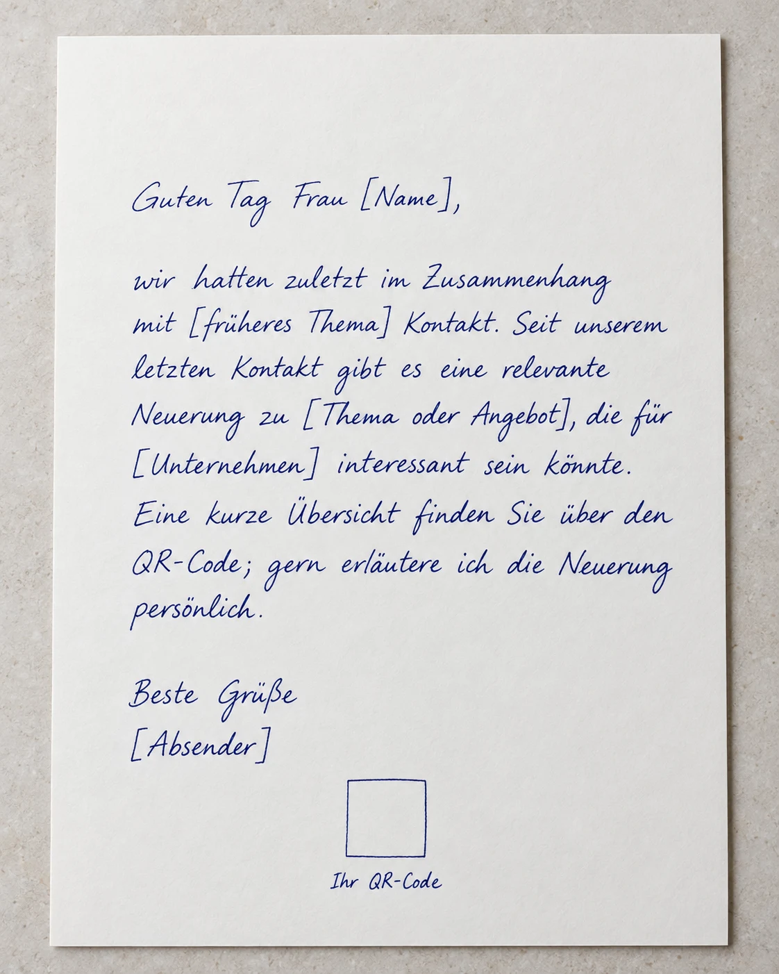 Beispiele für Akquisebriefe: handgeschriebener Musterbrief mit den Platzhaltern der Vorlage.